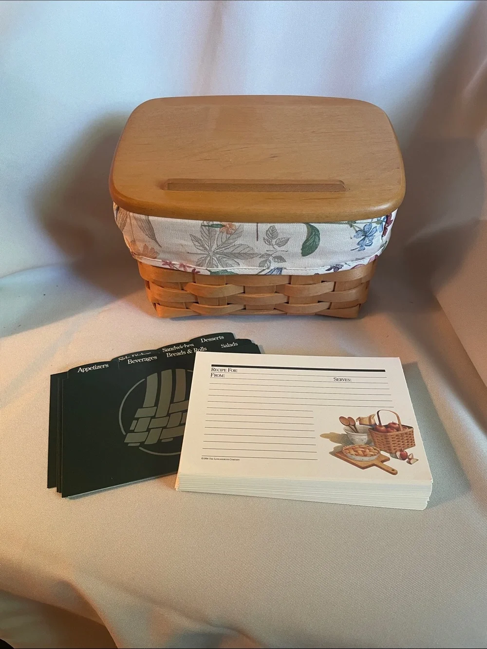 Longaberger Recipe Basket with botanical Liner and recipe cards